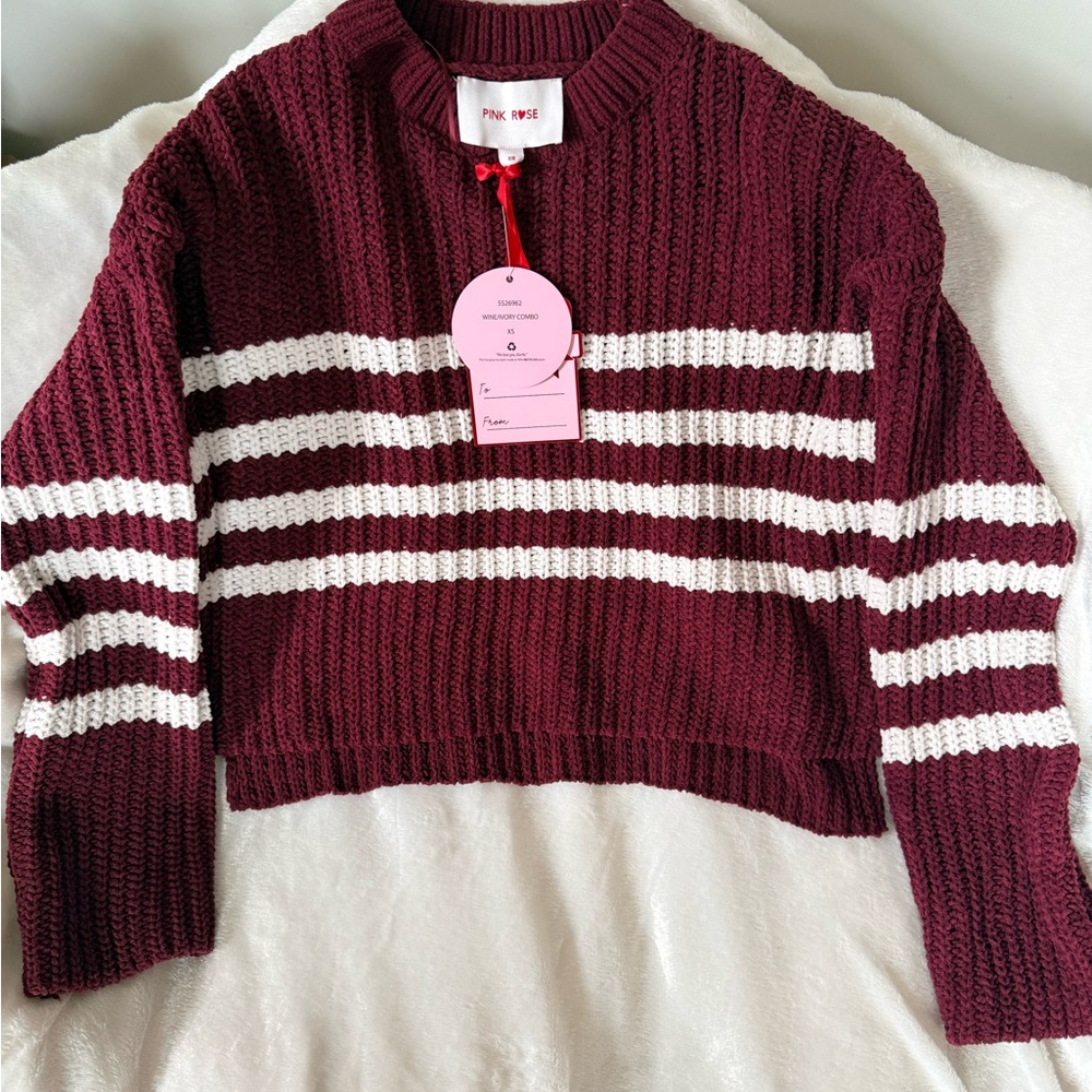 Pink Rose Burgundy and White Striped Sweater